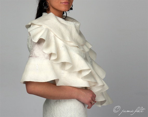 SALE - Felt wavy ruffled shawl scarf - White Dream - Wedding Bride - Handmade wool and silk