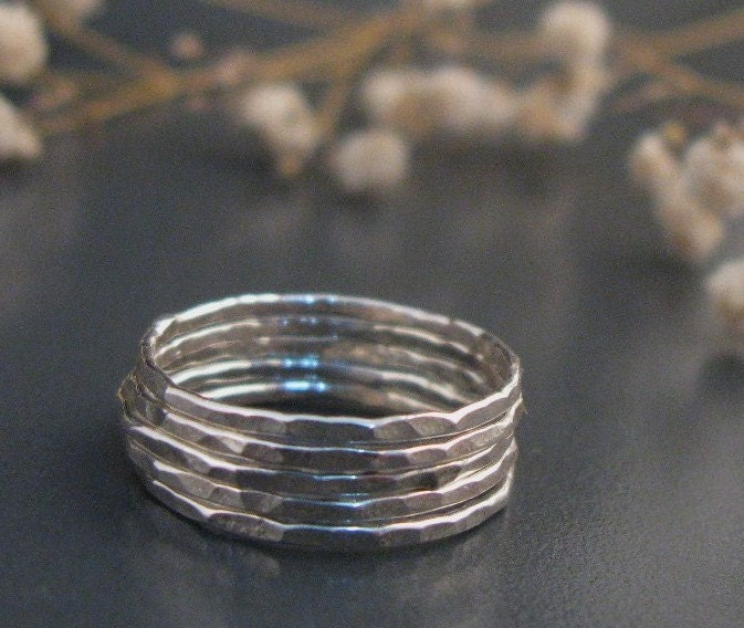 Sterling silver stacking rings,  Set of 5 thin silver rings, hammered jewelry