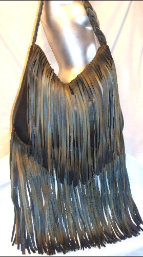 Designer Handbag, Custom Leather Fringed Purse,Hobo Bag in Denim Colored Leather, "My Old Blue Jeans" Handmade by Debbie Leather