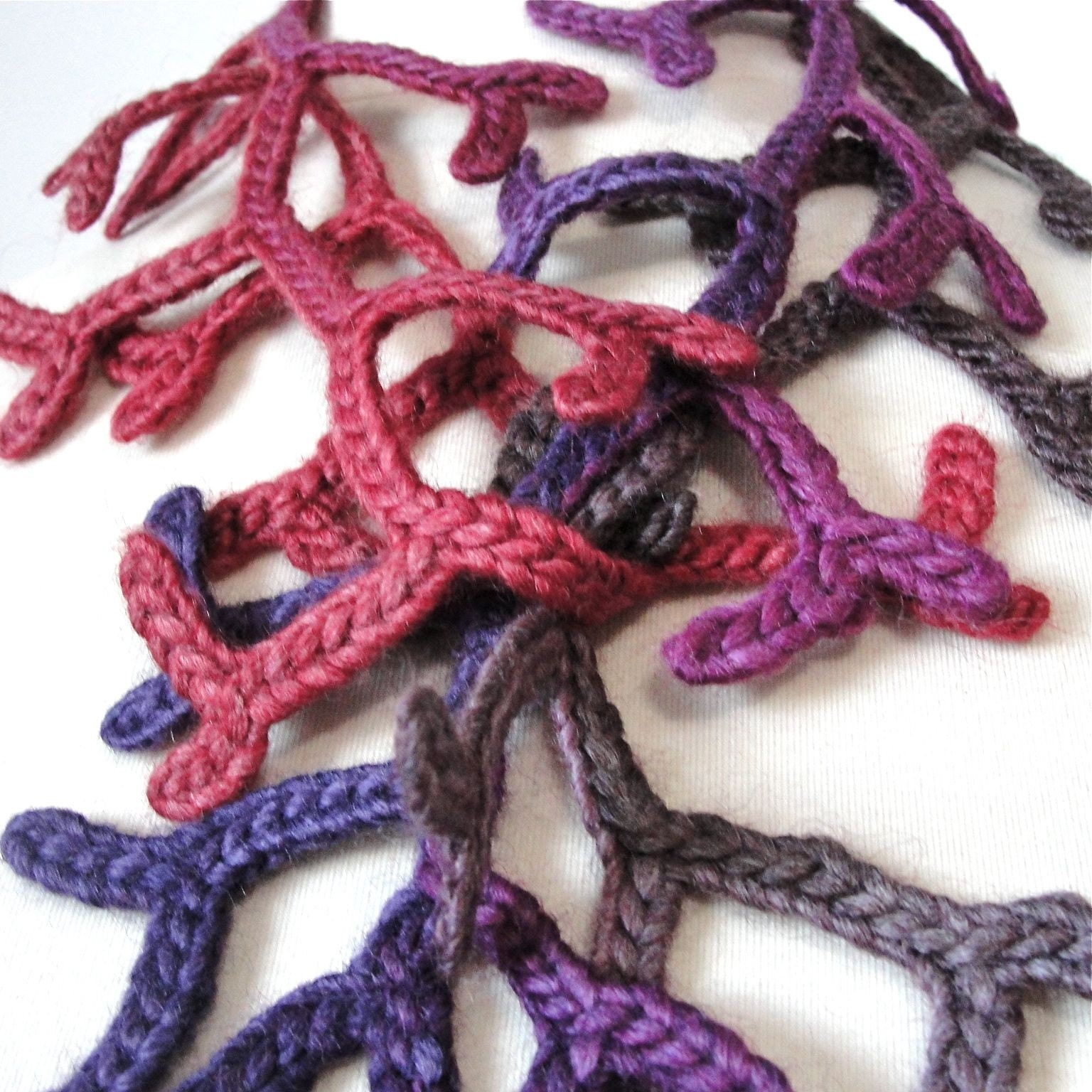 Crocheted Art Scarf: Petite Enchanted Forest Lariat Women Crocheted Scarf Statement Neckware in Plum Mist
