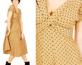 Vintage 1940s EAMES ERA ATOMIC Print TAN Cross and Buckle Dress S/M