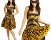 Strapless Gold Dress / Black Stripes and Polka dots / Vintage 1980s Golden Gal CRINOLINE Party XS/S