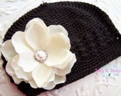 Baby Beanie / Girls Crochet Beanie / Infant Beanie /CAMILLE Velvet Ivory Flower Dark Brown Crochet Beanie Two Sizes