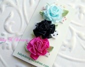 Baby Bow/ Baby Snap Clips / Itty Bitty Clips / Infant Clips / No Slip Hair Clip  Pink Aqua n Black Trio of Satin Shabby Chic Cabbage Rose