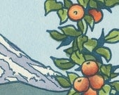 APPLE ORCHARD original hand colored letterpress print featuring Mt. Rainier