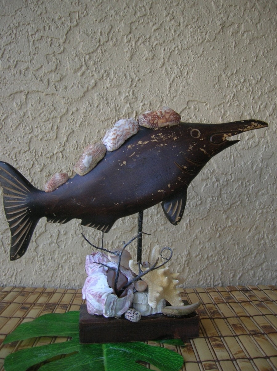 WOODEN FISH Decorated With Sea Shells