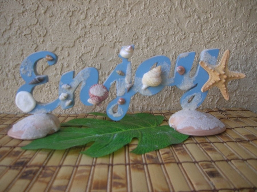 ENJOY Blue Wood Sign with Starfish, Seashells, Beach Sand, Sea Cookie