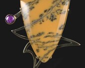 18 Karat Gold Brooch with Gel Sugilite and Dendritic Opal LIGHTENING SHIELD