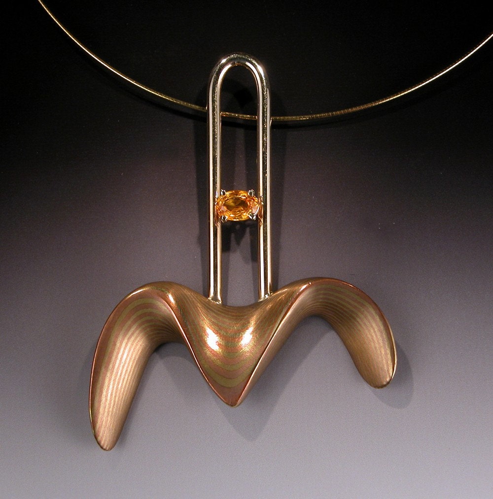 Mokume Gane Yellow Sapphire and 14 karat Gold Pendant Fly To The Sun