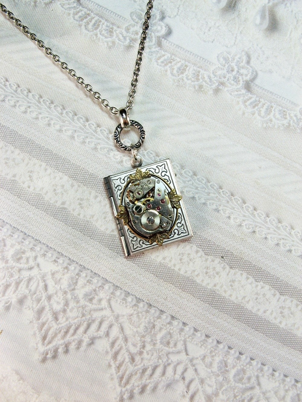 Silver Locket - STEAMPUNK Book Locket - Necklace by BirdzNbeez - Wedding Birthday Bridesmaids Gift