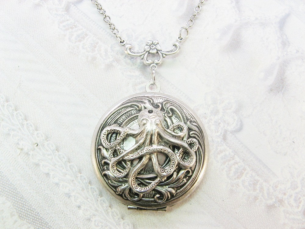 Silver Locket Necklace- The ORIGINAL Silver  OCTOPUS LOCKET  - by BirdzNbeez - Mother's Day Wedding Birthday Bridesmaids Gift