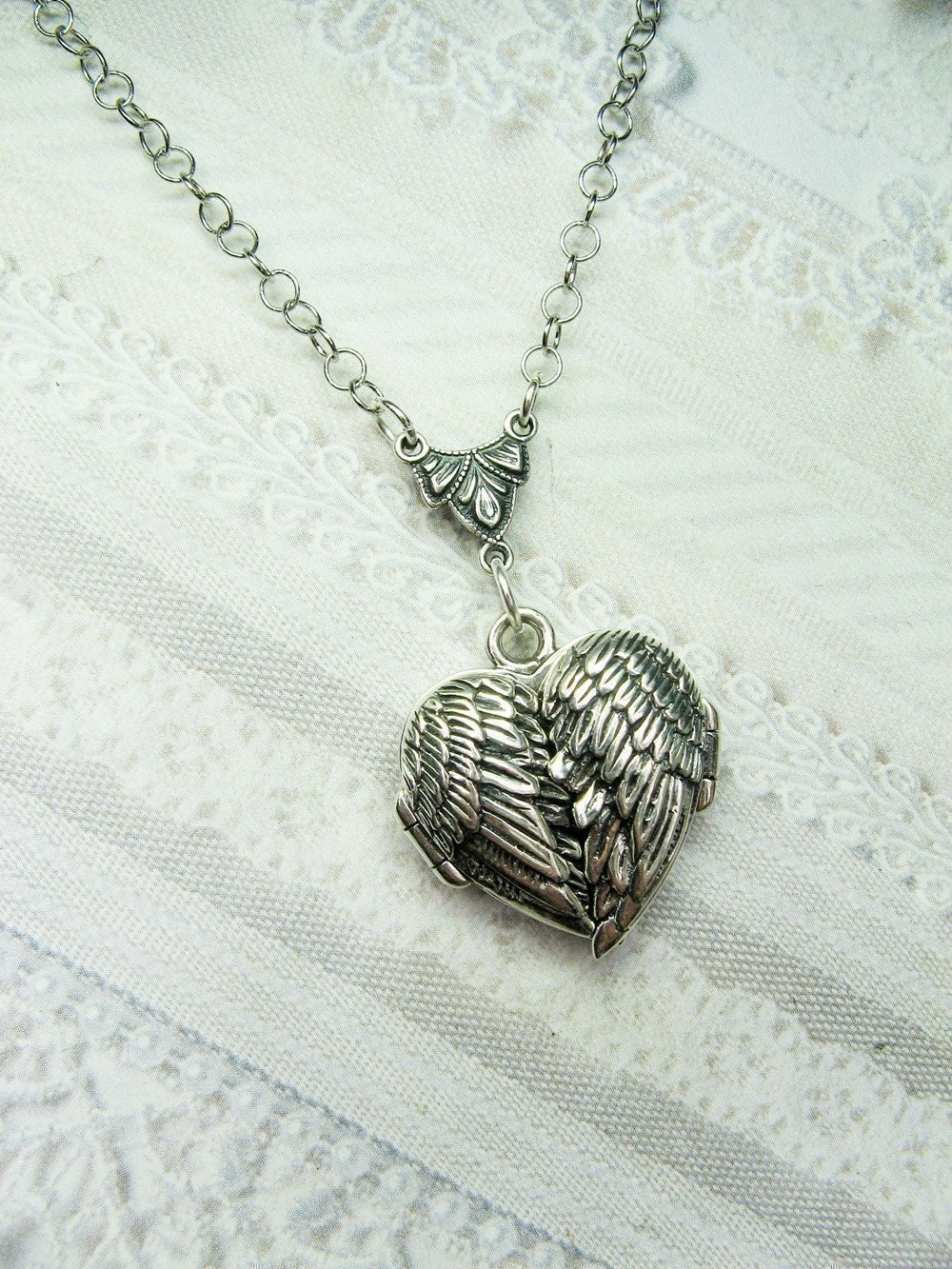 Silver Locket Necklace - GUARDIAN ANGEL- Silver Angel Wing LOCKET- Jewelry by BirdzNbeez -  Christmas Wedding Birthday Bridesmaids Gift