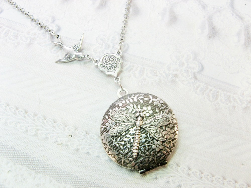 Silver Locket Necklace - ORIGINAL Silver Dragonfly Locket - Jewelry by BirdzNbeez -  Wedding Birthday Bridesmaids Gift