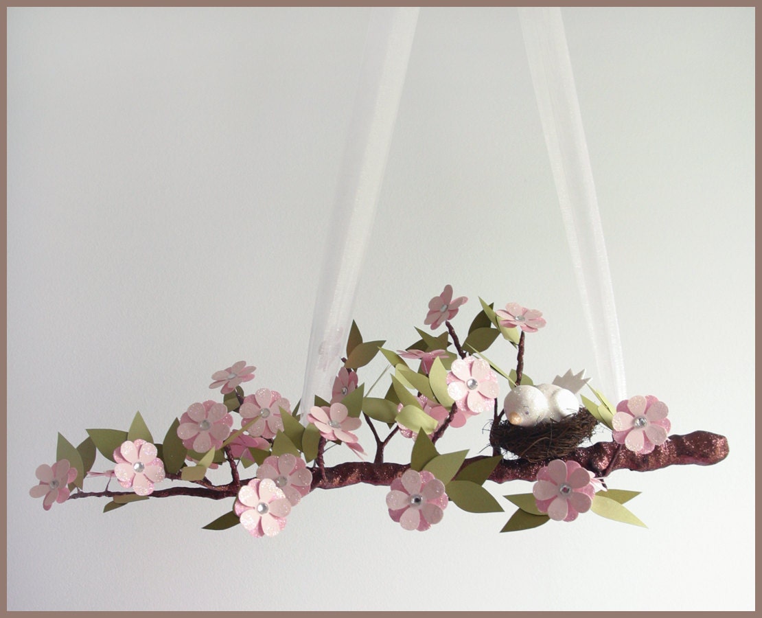Pink Spring Blossom Tree Limb- Baby Mobile- Nursery Mobile- Baby Bird- Light Pink