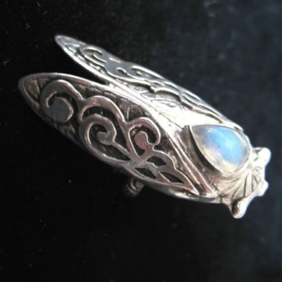 Smoke Wing Cicada Ring- Rainbow Moonstone and Sterling