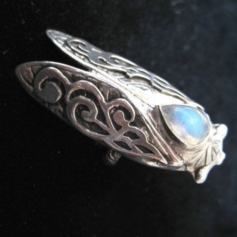 Smoke Wing Cicada Ring- Rainbow Moonstone and Sterling