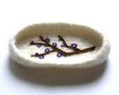 Crocheted felted oblong bowl with Cherry Blossom branch in the bottom ...Great Gift