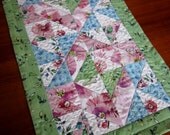 Quilted Cotton Table Runner - Diamond Design Blue Green Rose Floral - kimbuktu