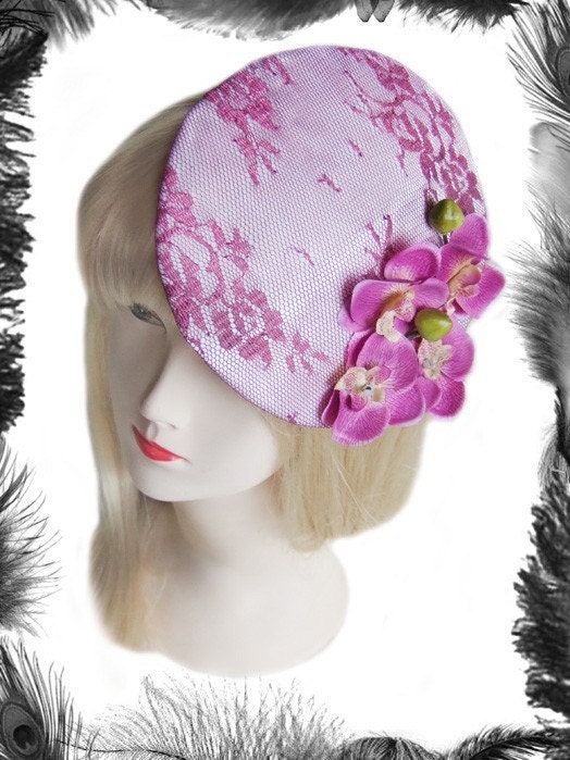 Pink Lace and Orchids Cocktail Hat, Summer Wedding Hat, with or without veiling