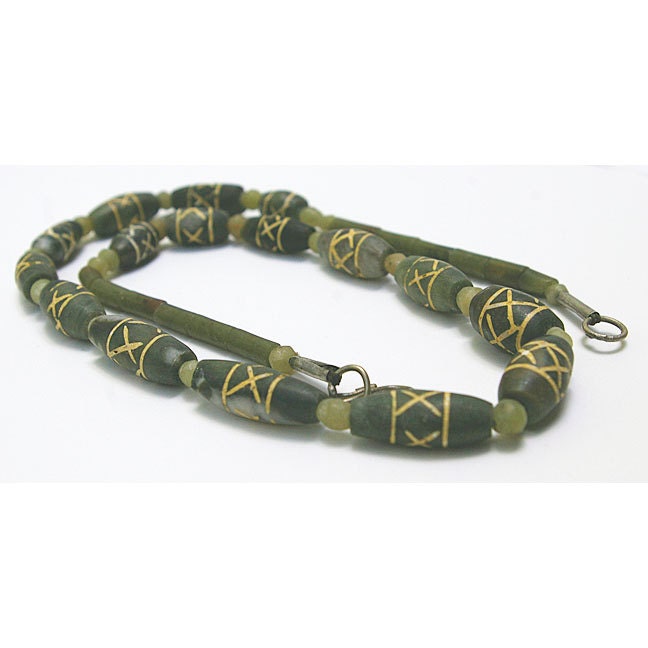Jade Bead Strand, Old Etched Design, 15 mm, Natural and Handcut, Item 5