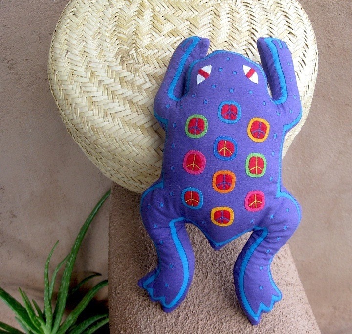Purple Mola Peace Frog - SALE - Stuffed Animal - Kuna Indian Mola Hand Stitched Reverse Applique