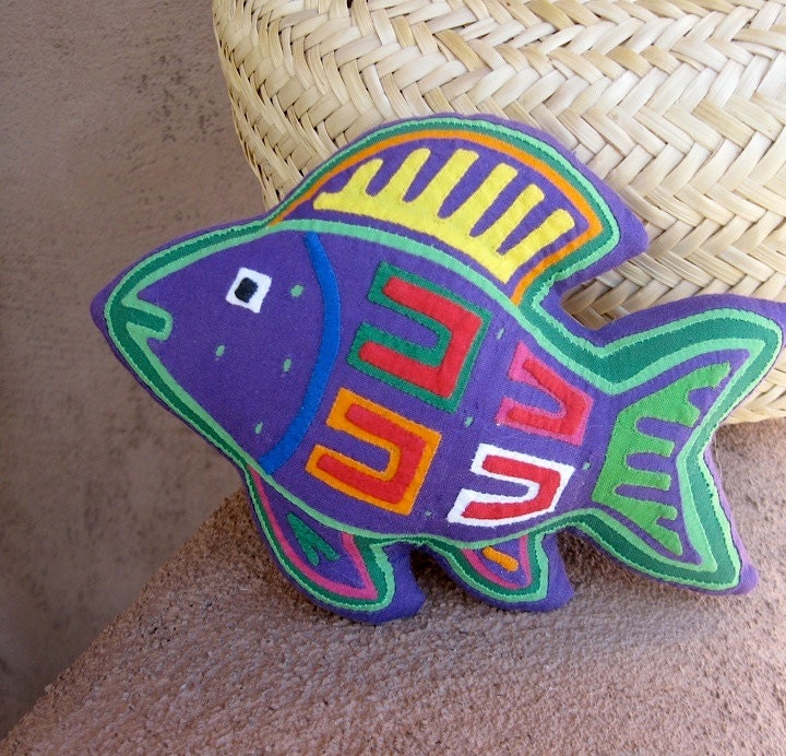 Purple Mola 'Prosperity Fish' - Lavender Filled - Hand Stitched Kuna Indian Reverse Applique