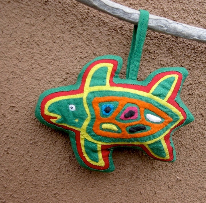 Adorable Hanging Herbal Sea Turtle - ON SALE - Hand Sewn MOLA Reverse Applique Ornament