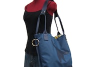 Blue on Blue Canvas Expandable Tote with Leather Accents and FREE Shipping