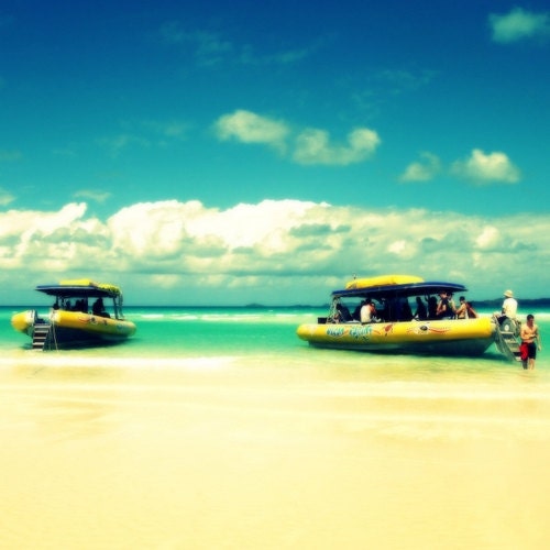 Beach Photo Modern Home Decor Photography Australia Coast Photograph Print Tropical Queensland Vacation Turquoise Sun Surf Sand Yellow Boats