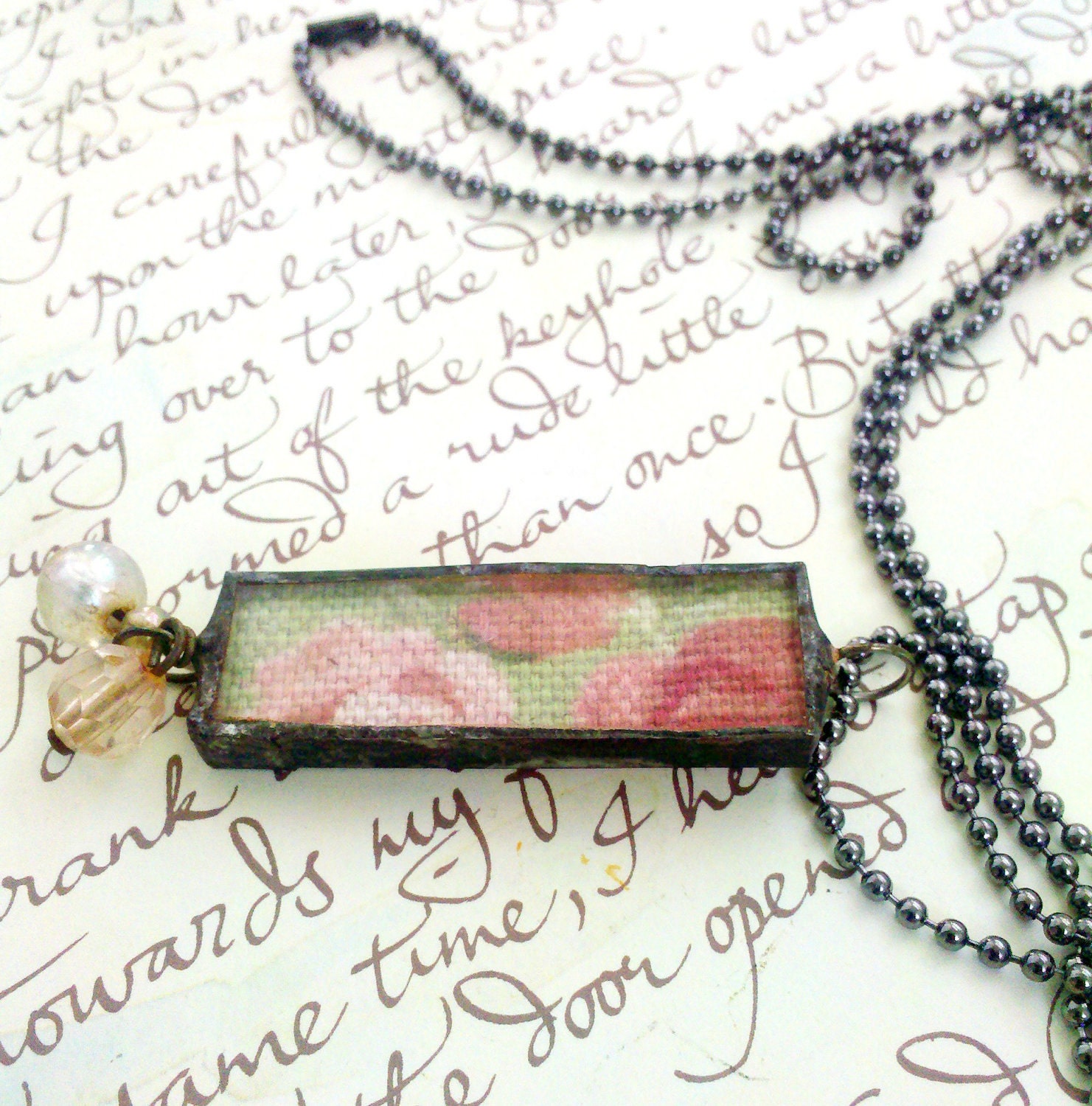 Fabric Charm Necklace, Pink and Green Floral Charm, Soldered Pendant With Bead Dangle, Shabby Chic Necklace, Vintage Key Necklace