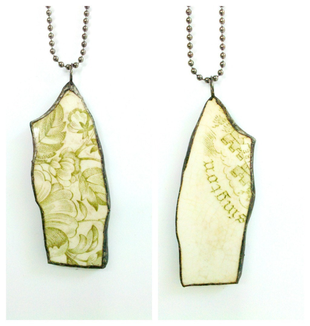 Broken Antique China Necklace, Shattered Dish Jewelry, Soldered Plate Pendant, China Shard Necklace, Vintage Green China Necklace