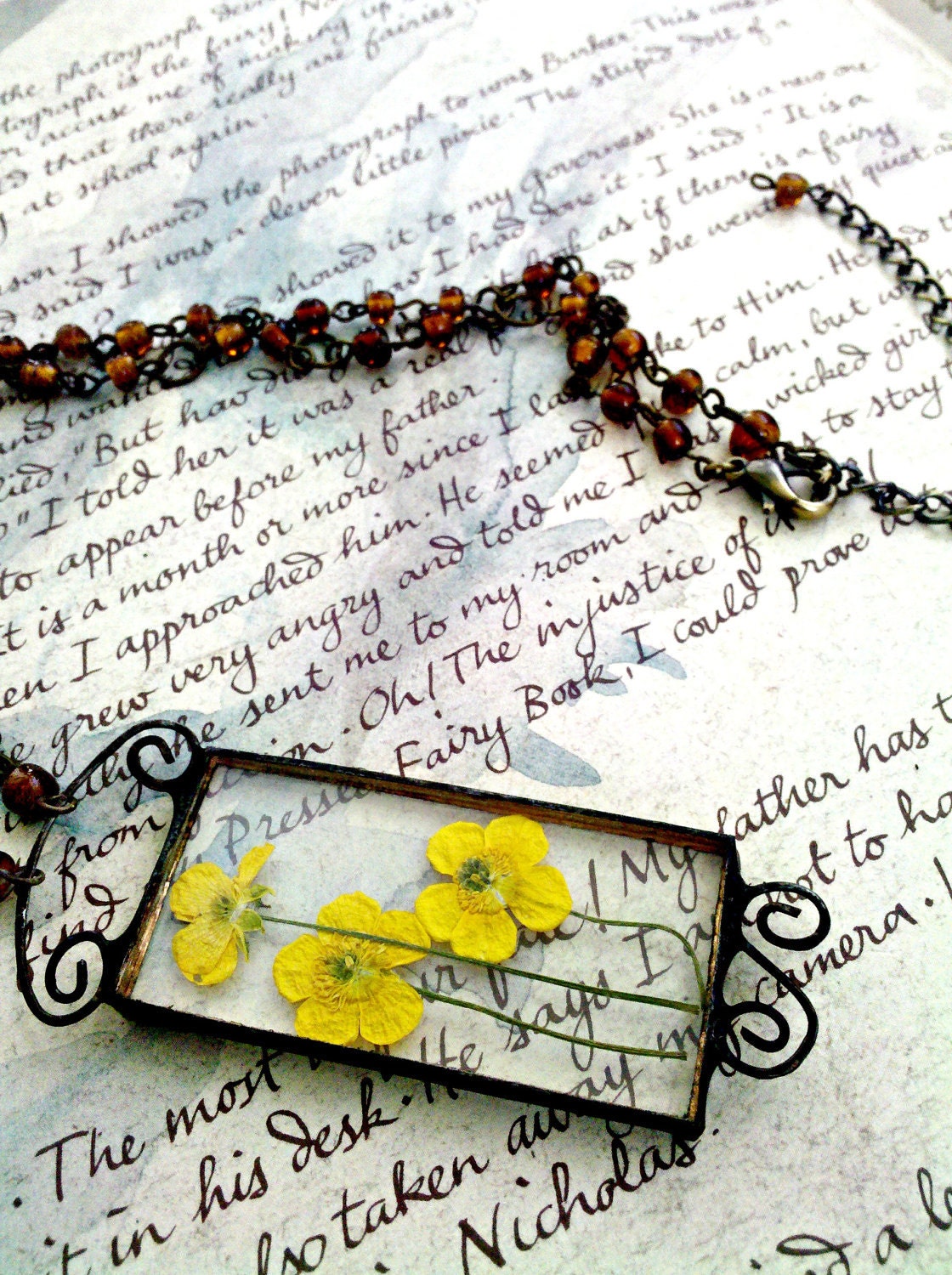 Yellow Buttercup Necklace, Soldered Glass Necklace, Amber Vintage Bead Chain Necklace, Yellow Floral Necklace, Pressed Flower Pendant