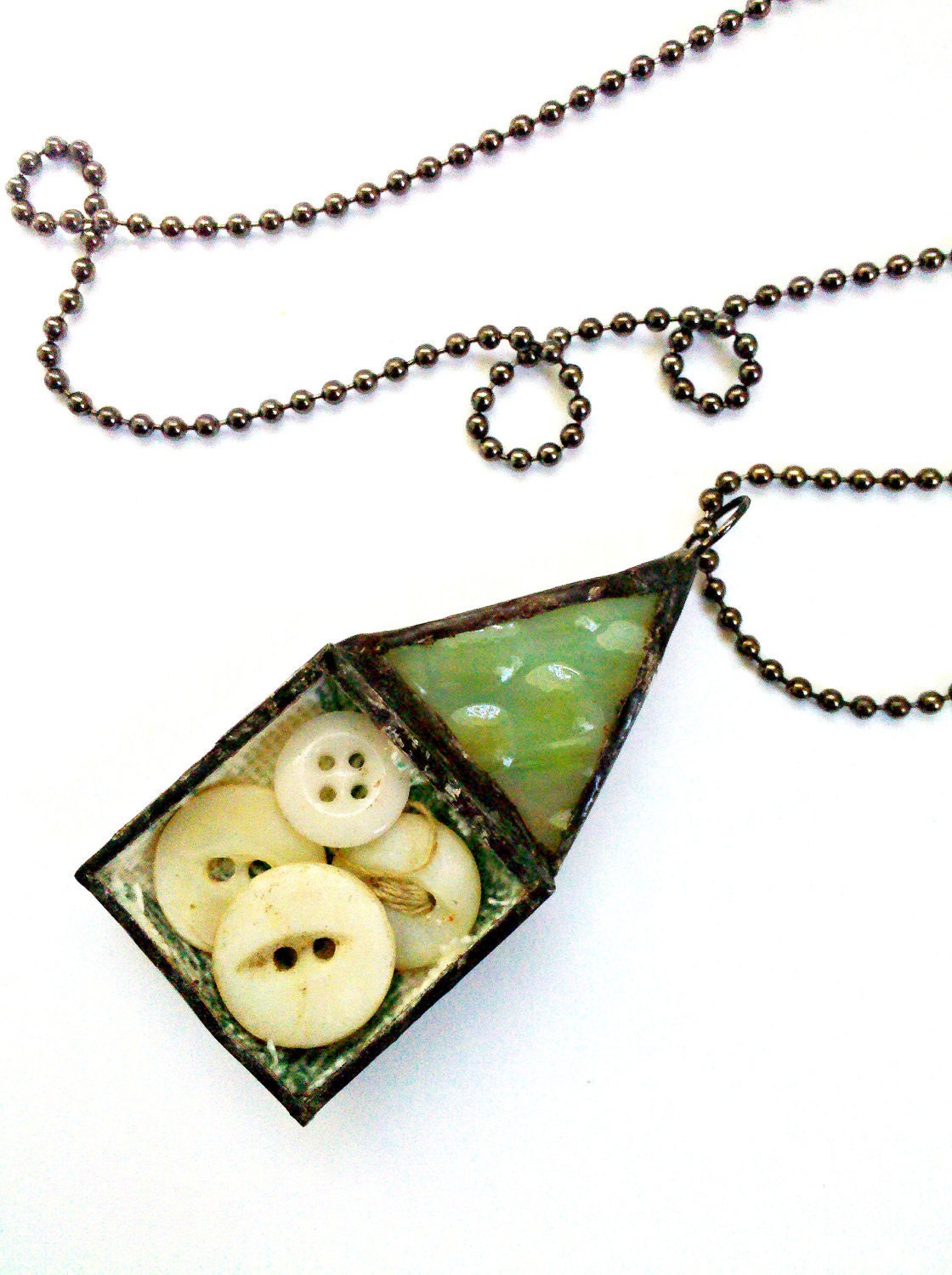 Stained Glass Antique Button Soldered Shadowbox Button House Necklace