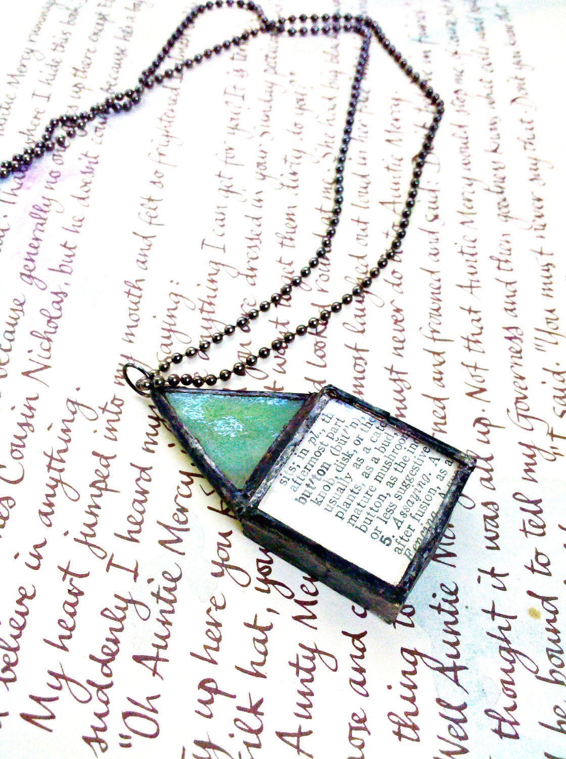 Stained Glass Antique Button Soldered Shadowbox Button House Necklace