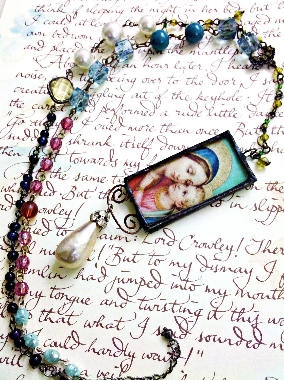 Rosary Style Religious Boho Vintage Bead Chain Soldered Madonna Virgin Mary Mother of God Stained Glass Pendant Necklace