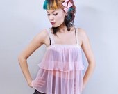 Vintage Baby Pink Camisole Accordion Pleat Ruffle Babydoll Top
