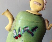 Masked Karakter Teapot 12 inches Green, Yellow, glass beads, Hand Thrown, Whacky, Funky, Crazy