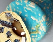 Large Jar Vase Sculpture- Blue Turquoise Teal and Yellow Gold Cream Butter with Spring Lime Green Feet and Microchips Electric Circuits