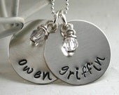 Mothers TWO disc name necklace with birthstone beads - Personalized necklace - hand stamped jewelry