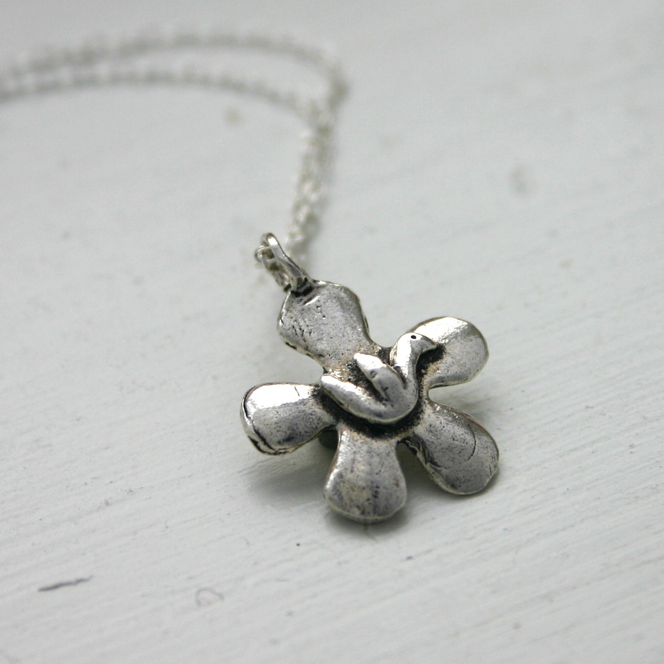 Dove on flower necklace - simple sterling silver jewelry