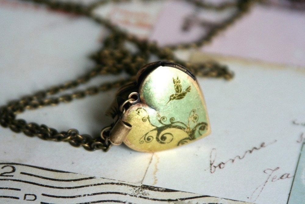 bird heart. locket necklace. aqua and brass