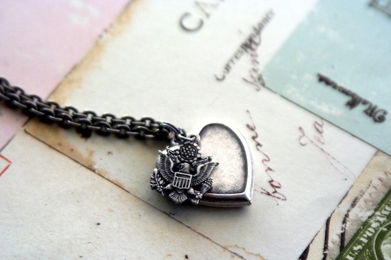army. heart locket necklace. silver ox