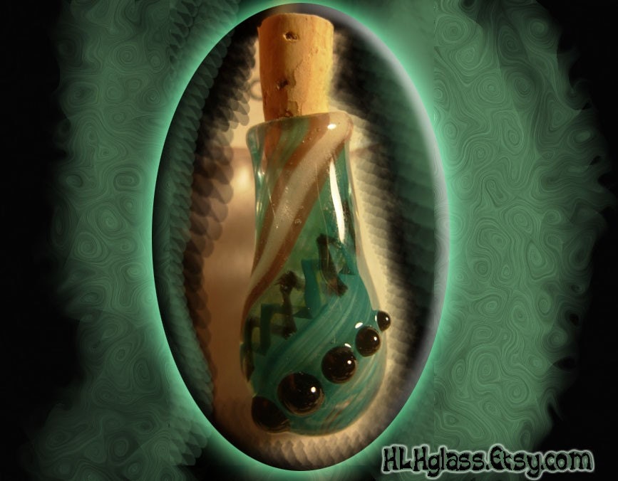 Perfume Bottle with STYLE Hand Blown Aromatherapy  MAGIC Potion Vial  with Aqua design with black dots Lampwork Glass Vessel  Focal Bead