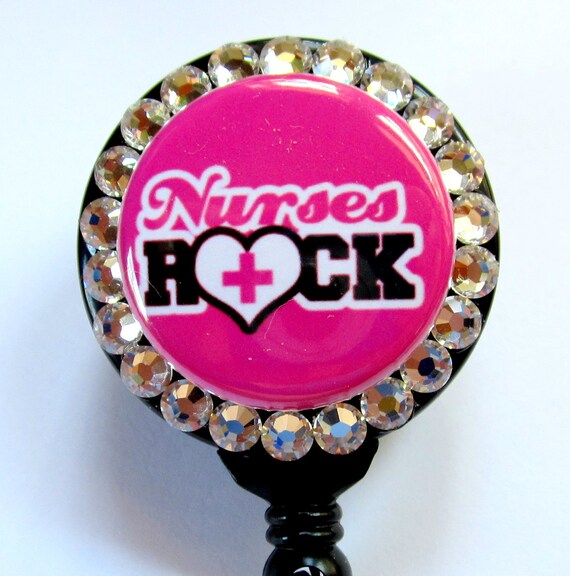 ID Badge Holder - Nurses Rock Retractable Reel with Swarovski Rhinestones