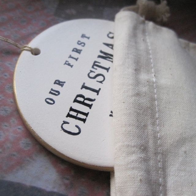 ornament with personalized words, names, date CUSTOM gold or silver leaf round text tile by Paloma's Nest first Christmas or baby