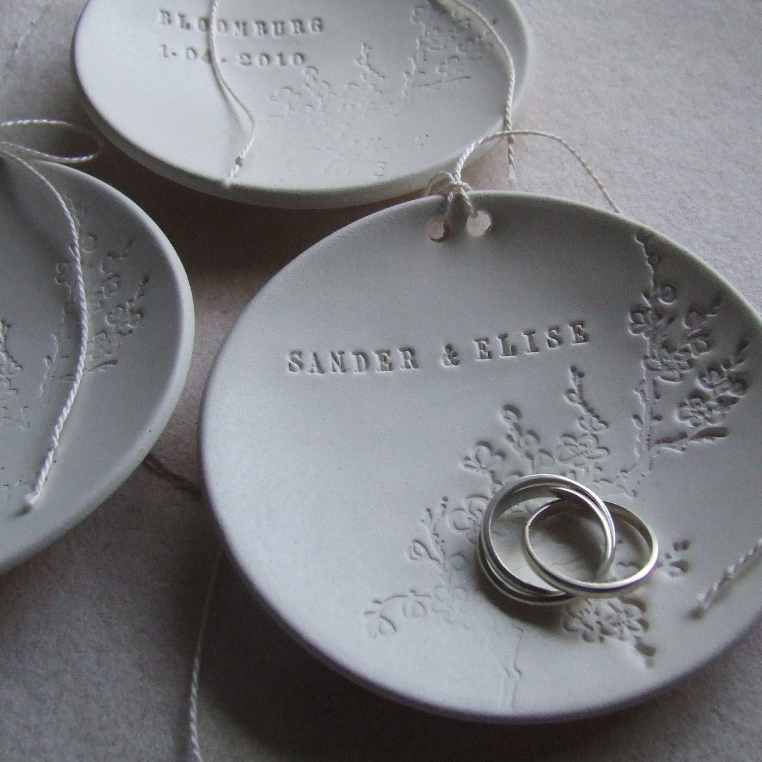 wedding ring holder, CUSTOM Ring Bearer Bowl- floral blooming branch design - personalized ring pillow alternative, dish with names or words