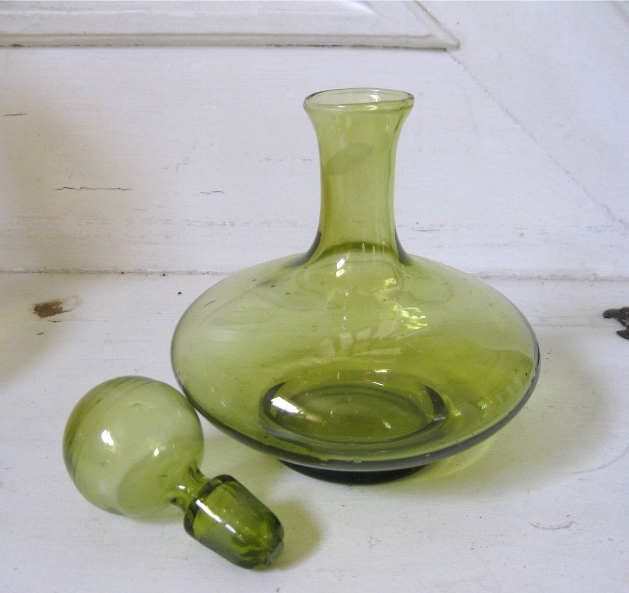 Vintage Art Glass - Green Decanter with Stopper