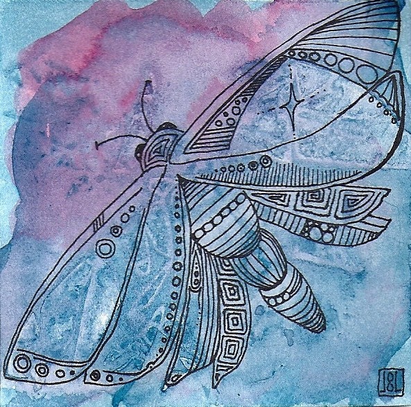 Pretty Moth Tiny Original Ink Drawing 3 X 3 Experimental Fun Stream of Consciousness