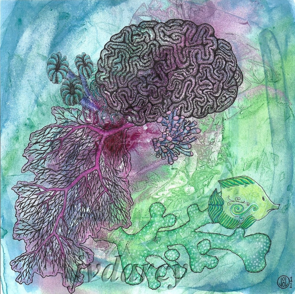 Coral Reef Original Ink Drawing Fun Seascape Threatened Wildlife Awareness