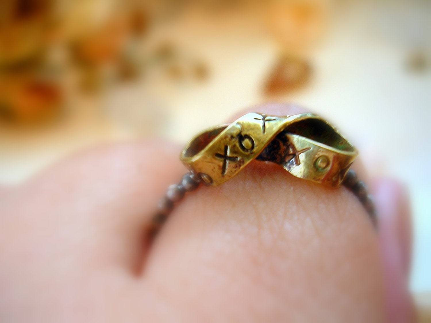 Infinity Ring xoxo Brass Ribbon Infinity symbol Sterling Silver Beaded Ring - made to order in your finger size